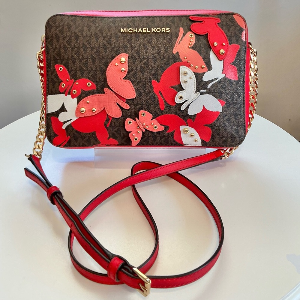 Michael Kors NWOT Ltd Edition Butterfly Applique Red & Brown Crossbody MSRP $298